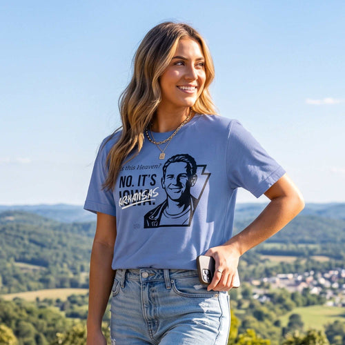 Is This Heaven Tee in periwinkle cotton with black Arkansas graphic and crew neckline